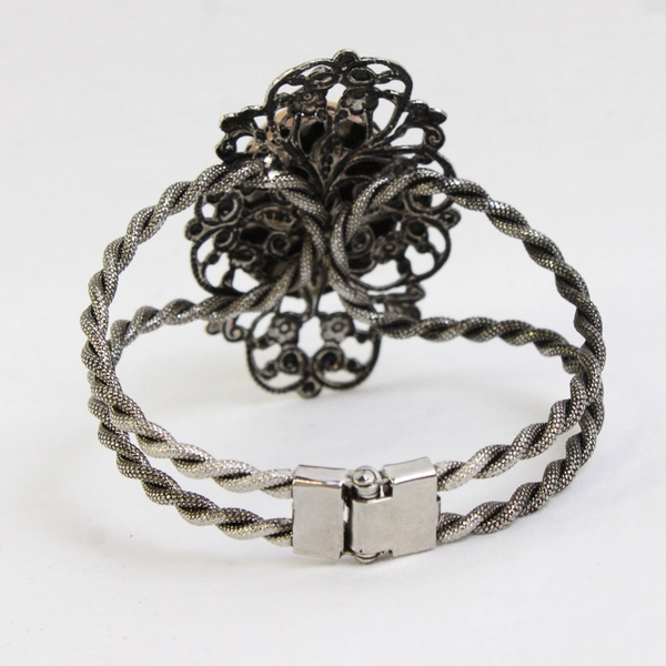 Vintage Pink Cabochon Pressed Flower Silver Filigree Cuff Artsy Bracelet