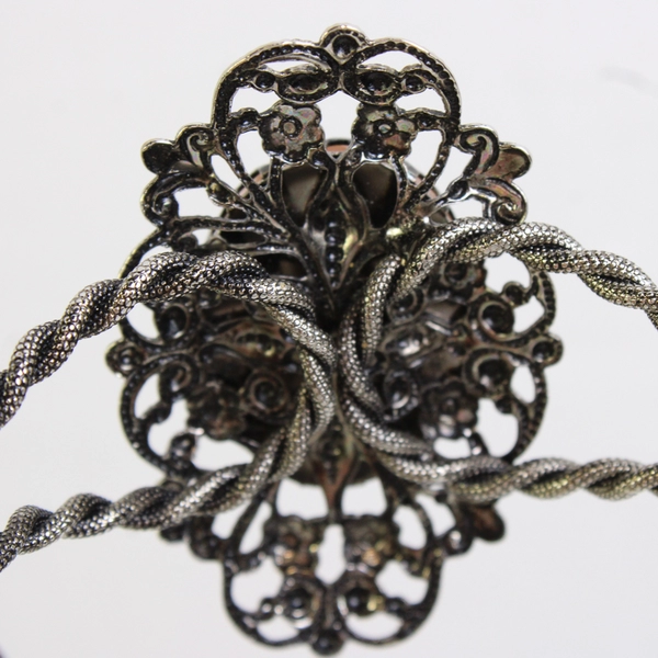 Vintage Pink Cabochon Pressed Flower Silver Filigree Cuff Artsy Bracelet