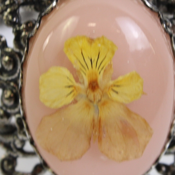 Vintage Pink Cabochon Pressed Flower Silver Filigree Cuff Artsy Bracelet