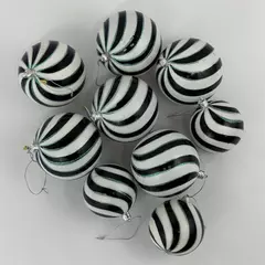 9 Black and White Spiral Christmas Plastic Ball Ornaments 2.75- 3.5 inch