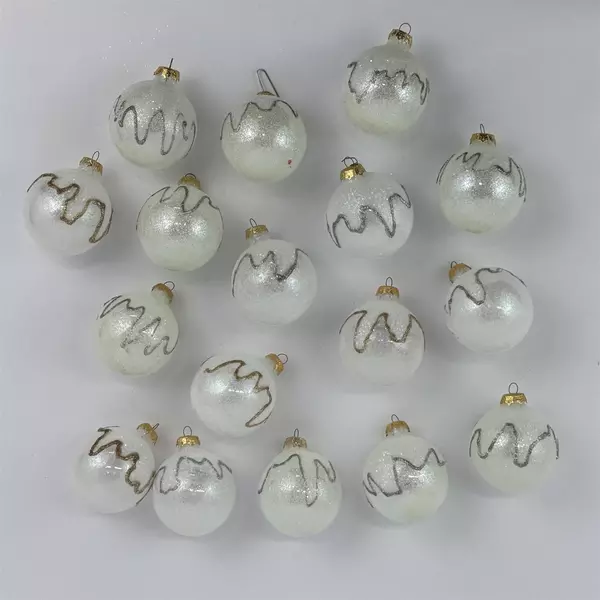  17 White Glitter Christmas Ball Ornaments 2.5 inch W/Gold And Silver Zigzag