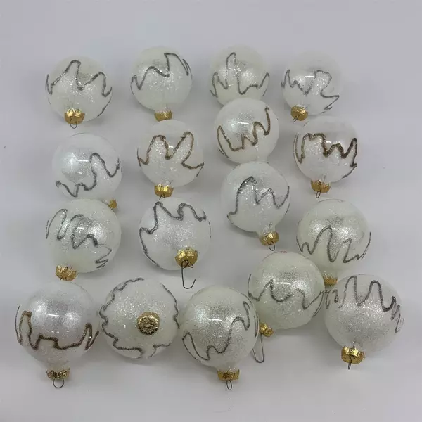  17 White Glitter Christmas Ball Ornaments 2.5 inch W/Gold And Silver Zigzag