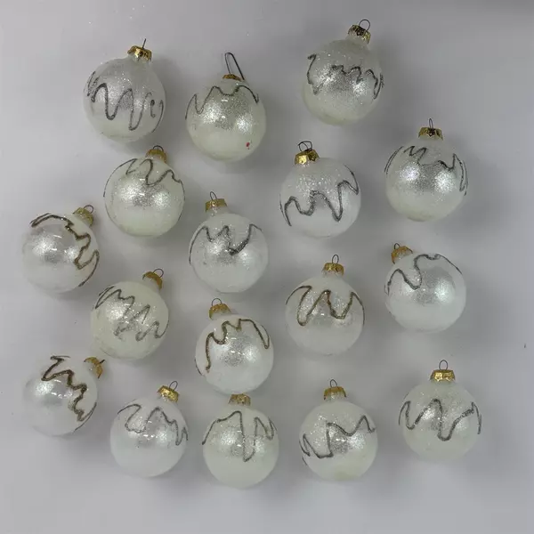  17 White Glitter Christmas Ball Ornaments 2.5 inch W/Gold And Silver Zigzag