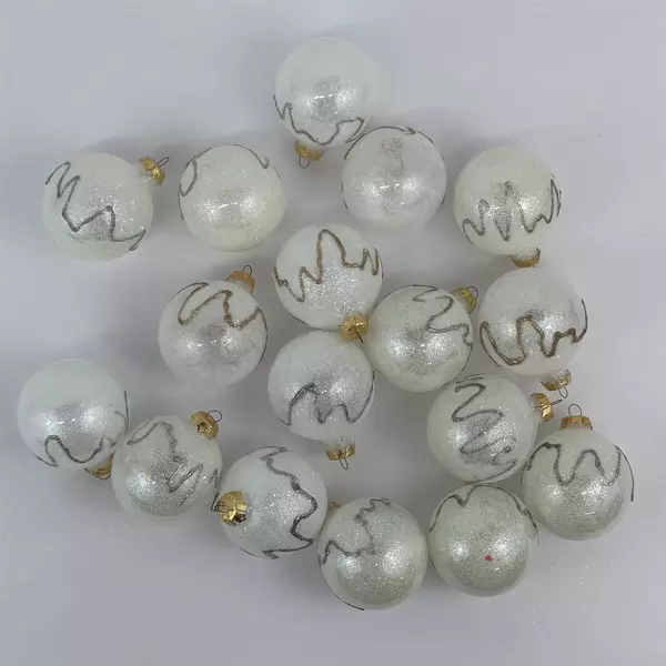  17 White Glitter Christmas Ball Ornaments 2.5 inch W/Gold And Silver Zigzag