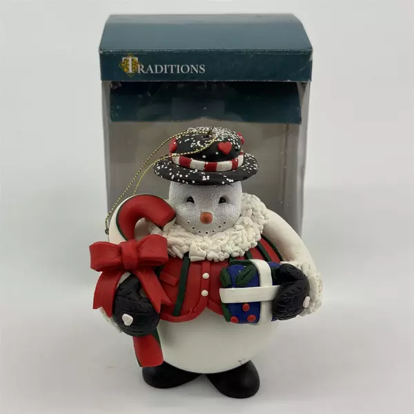 Traditions Snowman w/ Candy Cane And Gift Christmas Ornament in Box