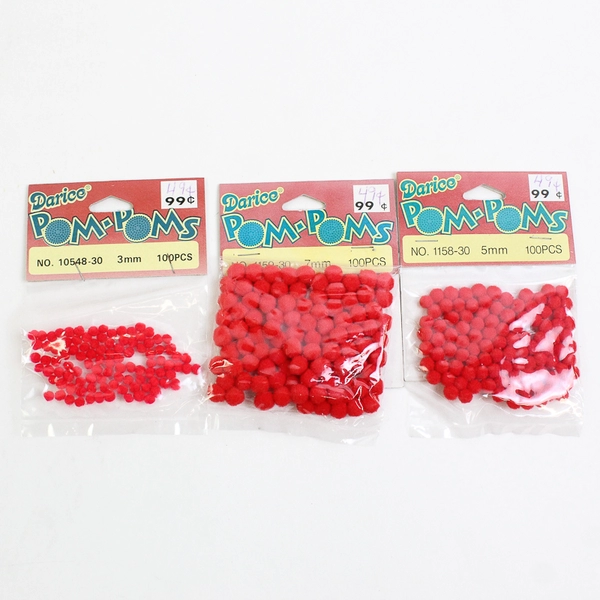 Vintage Darice Red Pom-Poms Green 3mm 5mm 7mm 300 Pieces Total