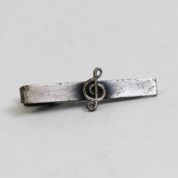 Vintage Silver-Tone Music Note Treble Clef Symbol 1 Tie Bar Clip Clasp 