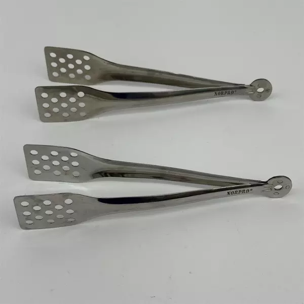 Lot of 2 Norpro Stainless Steel Serving Tongs with Straining Holes