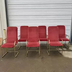 Set of 6 Red Design Institute of America Brass Upholstered Dining Chairs