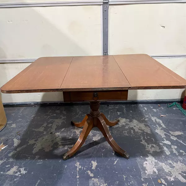 Federal Style Drop Leaf Pedestal Wood Table With Drawer