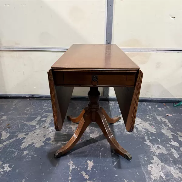 Federal Style Drop Leaf Pedestal Wood Table With Drawer