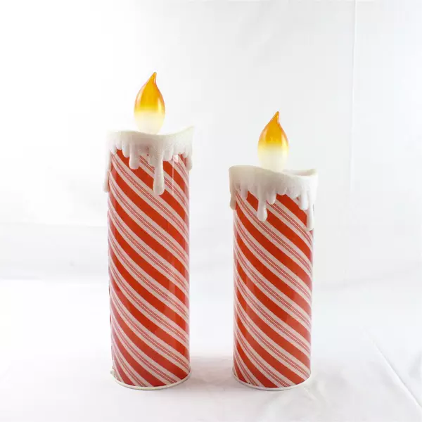  2 Battery Operated LED Plastic Candy Cane Christmas Candles 16.5 And19 Inches