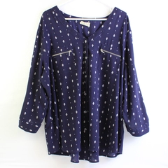 Flower & Feather Women's 3XL Navy with White Details Button Up Blouse 