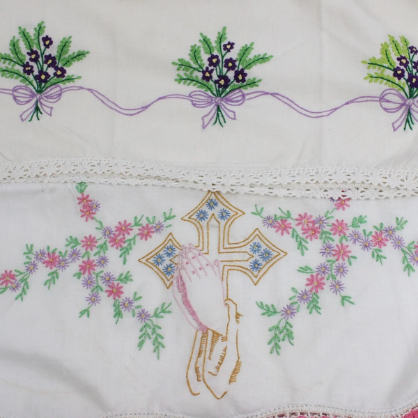 Lot of 2 VTG Floral Embroidered Queen Pillowcases FLAWED DIY Fabric Upcycling