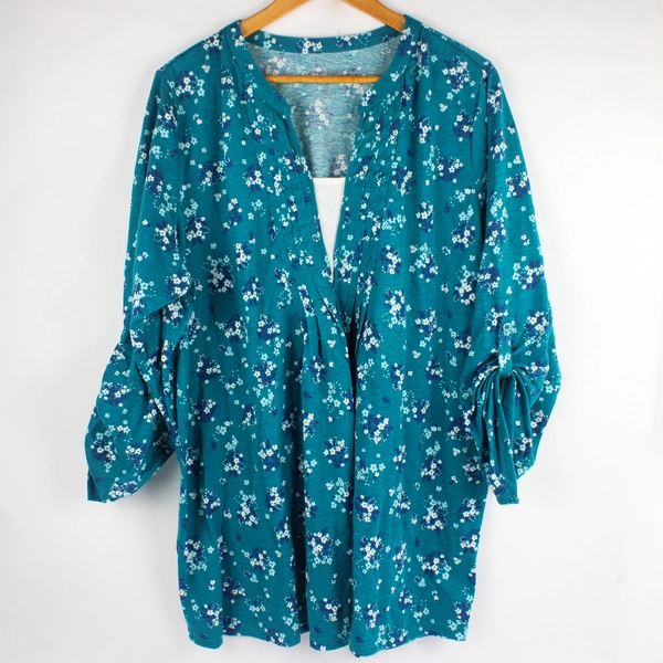 Woman Within Plus 1X Blue Floral Blouse with Roll Tab Sleeves Top Shirt