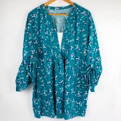 Woman Within Plus 1X Blue Floral Blouse with Roll Tab Sleeves Top Shirt