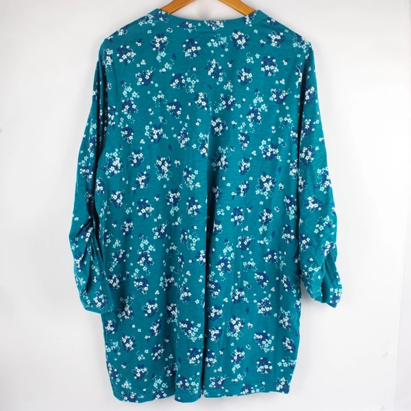 Woman Within Plus 1X Blue Floral Blouse with Roll Tab Sleeves Top Shirt