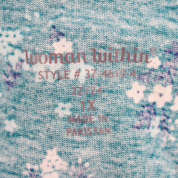 Woman Within Plus 1X Blue Floral Blouse with Roll Tab Sleeves Top Shirt