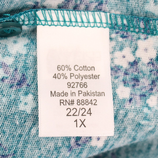 Woman Within Plus 1X Blue Floral Blouse with Roll Tab Sleeves Top Shirt