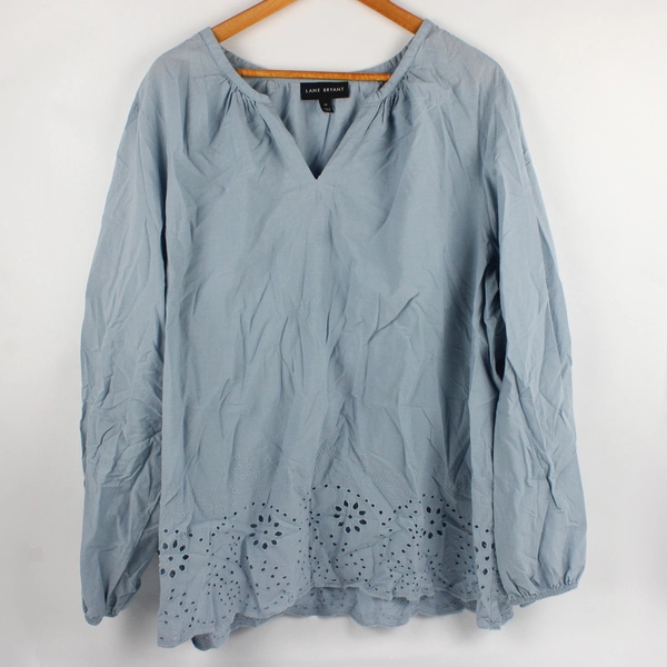 Lane Bryant Women's Size 24 Blue Embroidered Hem Balloon Sleeve Peplum Top