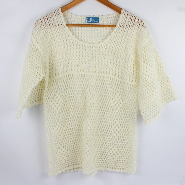 Vintage LeRoy Knitwear Women's M Ivory Open Knit Sheer Flare Sleeve Top