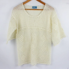 Vintage LeRoy Knitwear Women's M Ivory Open Knit Sheer Flare Sleeve Top