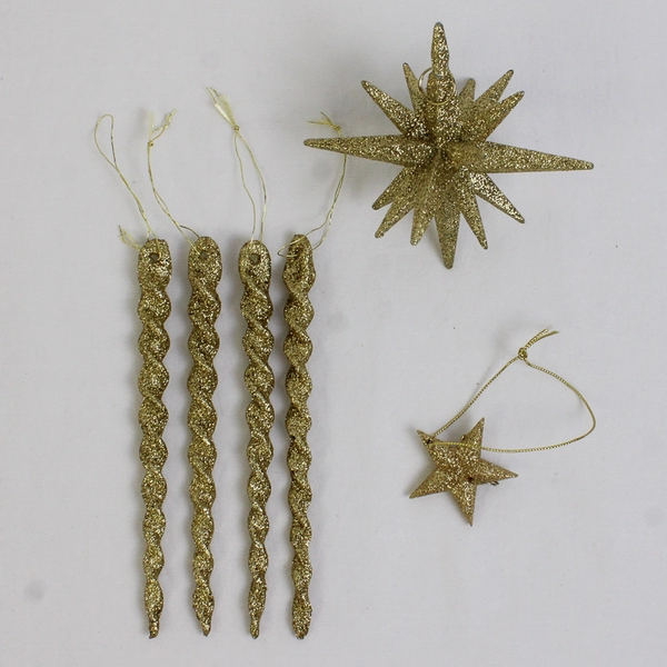 Lot of 6  Ornaments 4" Glitter Gold Foil 8-Point Christmas Star & 4 Spiral Set