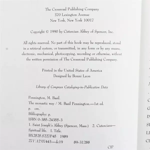 The Monastic Way Hardcover by M Basil Pennington No Dust Jacket 