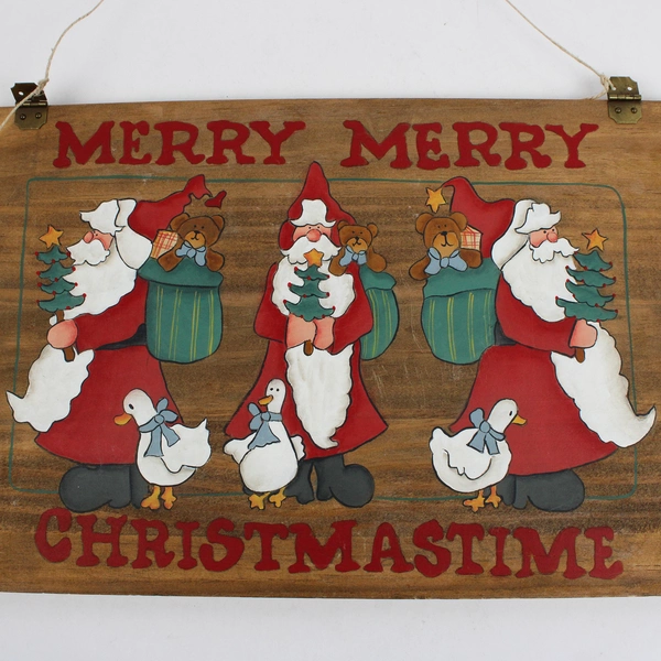 Hand-Painted Santa and Geese Wooden Christmas Sign Wall Hanging 9" x 14"