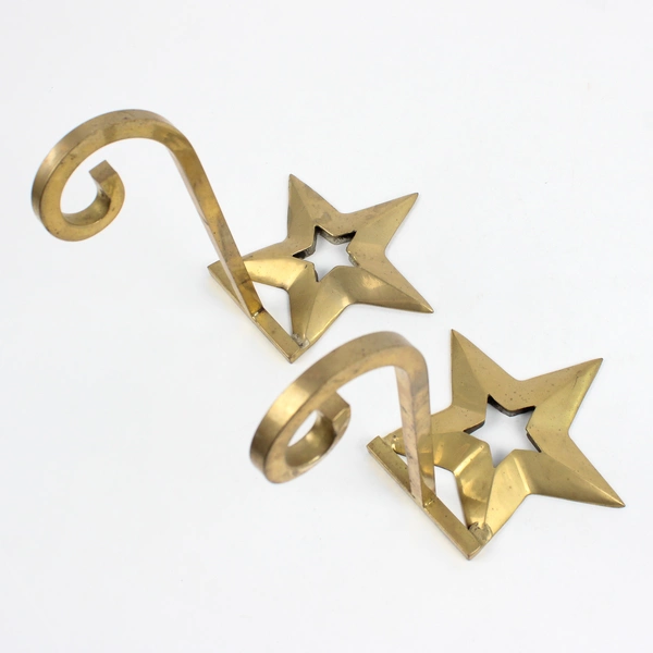 Set of 2 Vintage Solid Brass Star Stocking Holder Hooks