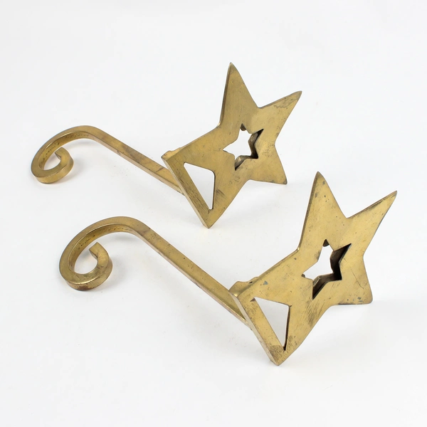Set of 2 Vintage Solid Brass Star Stocking Holder Hooks
