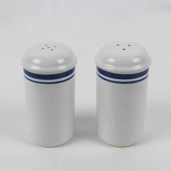 Lot Of 2 Matching Home Stoneware Salt & Pepper Shakers White W/ Blue Strip 5.25"