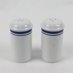 Lot Of 2 Matching Home Stoneware Salt & Pepper Shakers White W/ Blue Strip 5.25"
