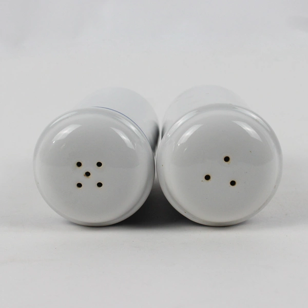 Lot Of 2 Matching Home Stoneware Salt & Pepper Shakers White W/ Blue Strip 5.25"