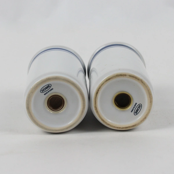 Lot Of 2 Matching Home Stoneware Salt & Pepper Shakers White W/ Blue Strip 5.25"