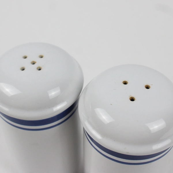 Lot Of 2 Matching Home Stoneware Salt & Pepper Shakers White W/ Blue Strip 5.25"
