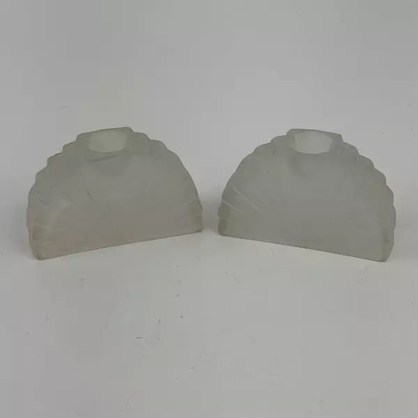 2 Antique 1920s Pair White Satin Frosted Fan Shaped Glass Taper Candle Holders