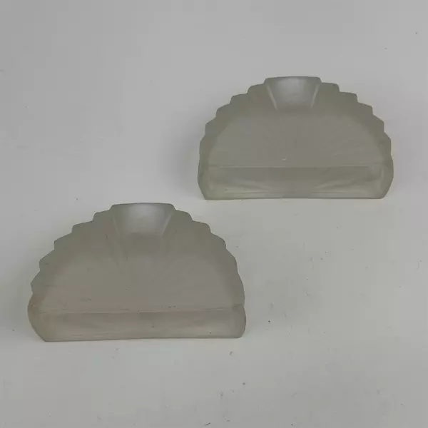 2 Antique 1920s Pair White Satin Frosted Fan Shaped Glass Taper Candle Holders