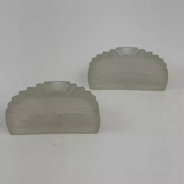 2 Antique 1920s Pair White Satin Frosted Fan Shaped Glass Taper Candle Holders