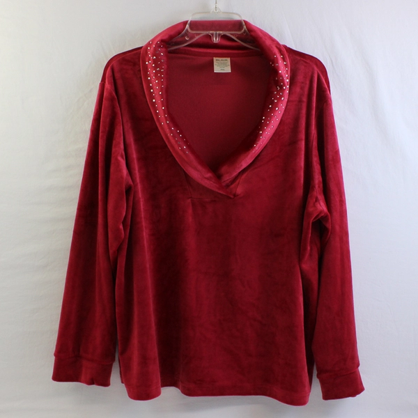 Blair Women’s PXL Long Sleeve Red Velour Rhinestone Collared Sweater
