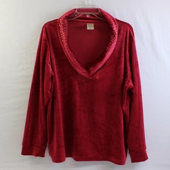 Blair Women’s PXL Long Sleeve Red Velour Rhinestone Collared Sweater