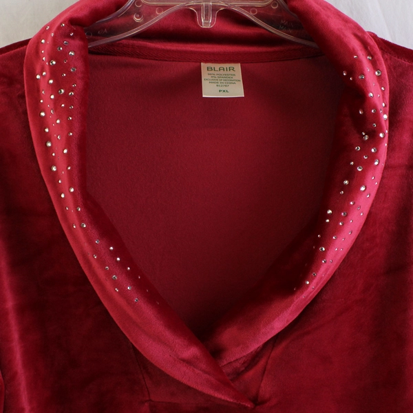 Blair Women’s PXL Long Sleeve Red Velour Rhinestone Collared Sweater