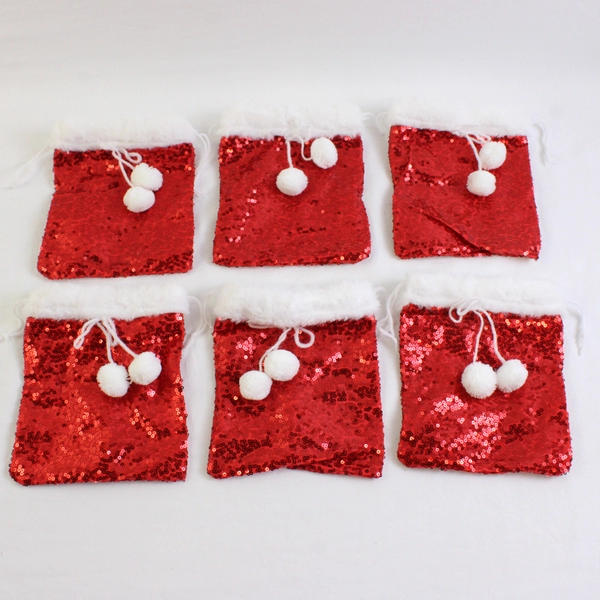 Set of 6 Small Red Sequin Christmas Gift Pouches