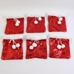 Set of 6 Small Red Sequin Christmas Gift Pouches