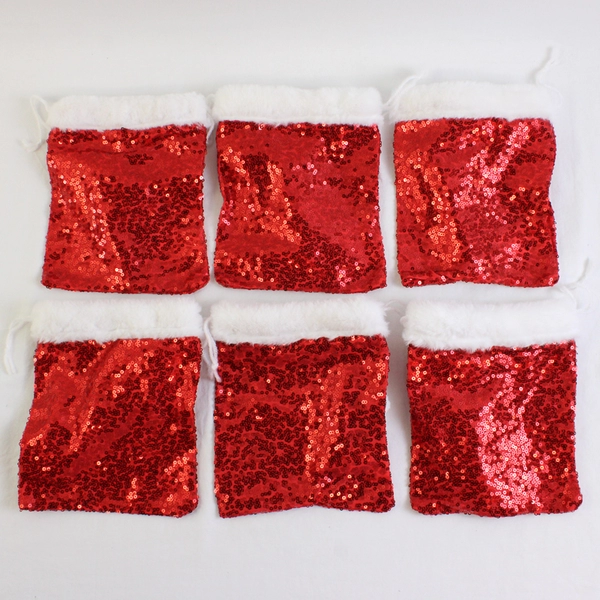 Set of 6 Small Red Sequin Christmas Gift Pouches