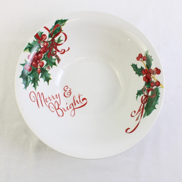 Unbranded "Merry & Bright" Holiday Christmas Ceramic Large Bowl 10" Diameter