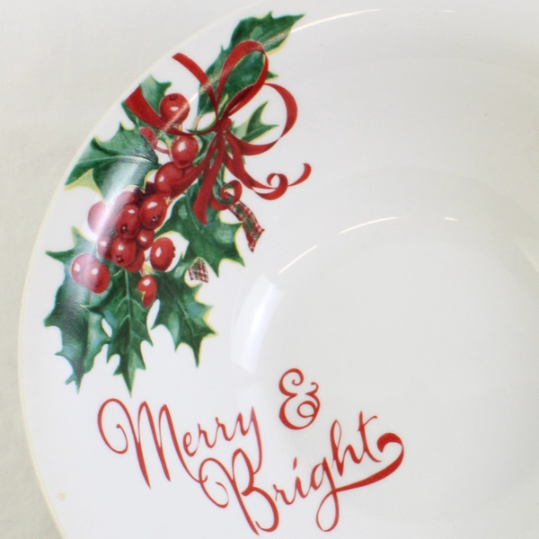 Unbranded "Merry & Bright" Holiday Christmas Ceramic Large Bowl 10" Diameter