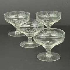 Set of 4 Vtg Clear Etched Crystal Champagne Glasses Dot Vine Type Pattern