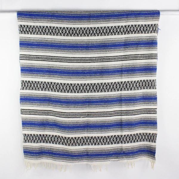 Unbranded Wool Blend Woven Blanket Blue Gray Black Stripes Fringe Edges FLAW