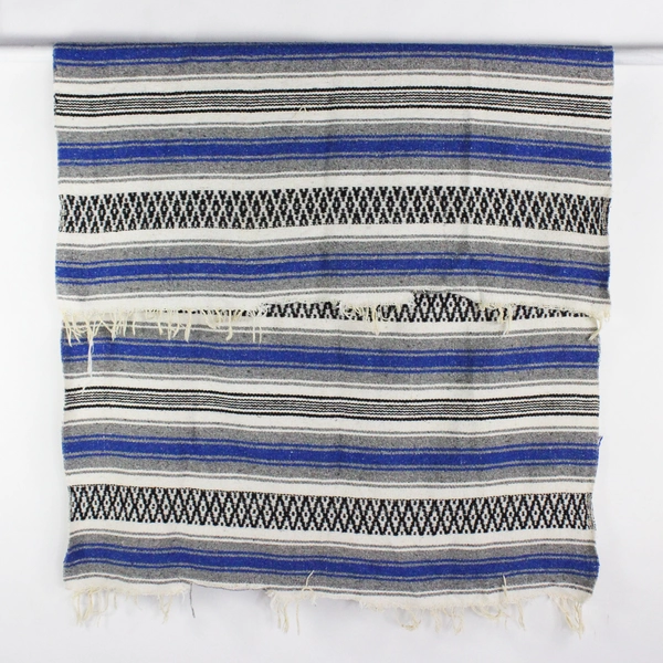 Unbranded Wool Blend Woven Blanket Blue Gray Black Stripes Fringe Edges FLAW